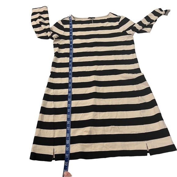 Theory Women Cream & Black Striped Long Sleeve Round Neck Mini Shift Dress Sz M - Picture 7 of 15